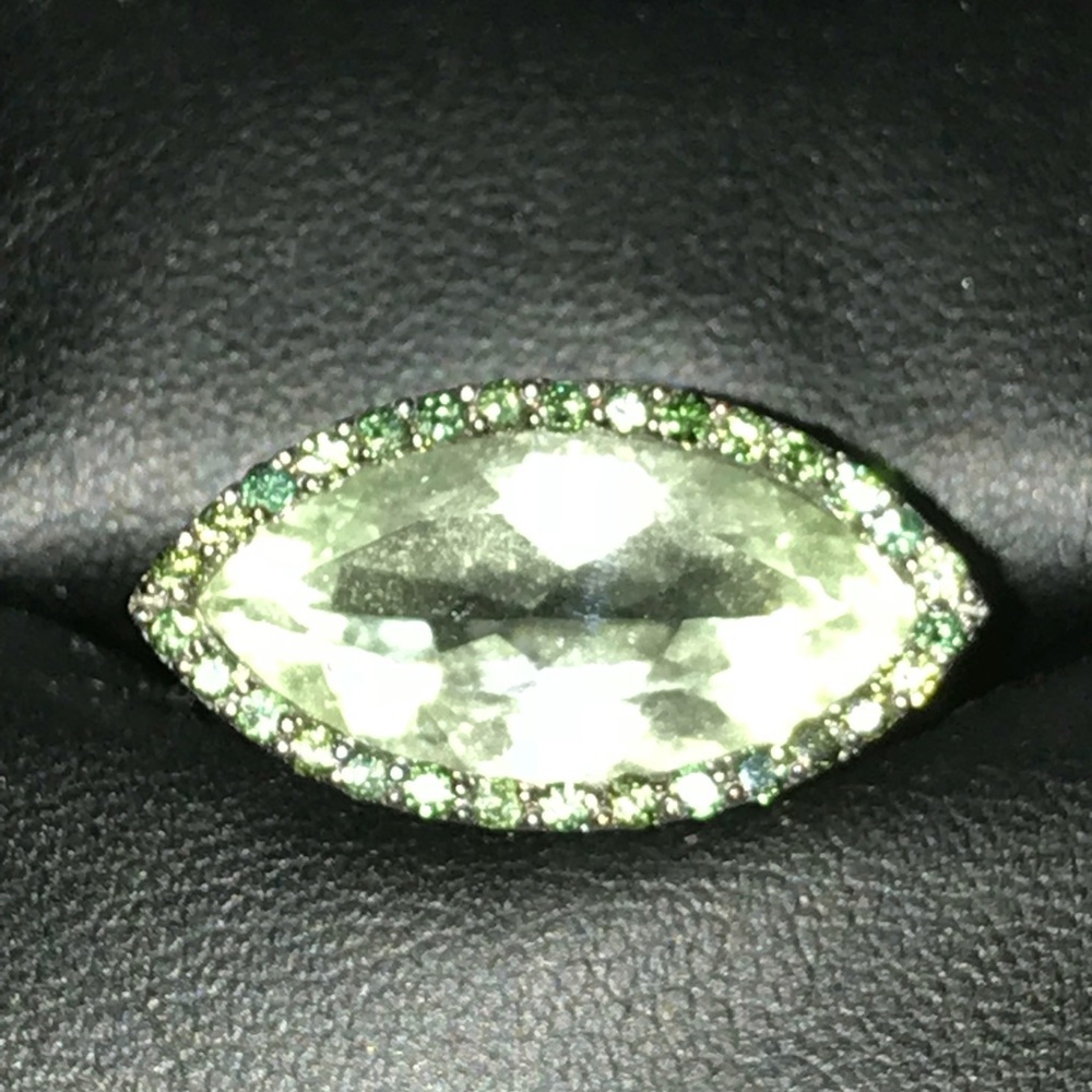 Nicole Miller 14k WG Prasiolite & diam ring sz 9.5
